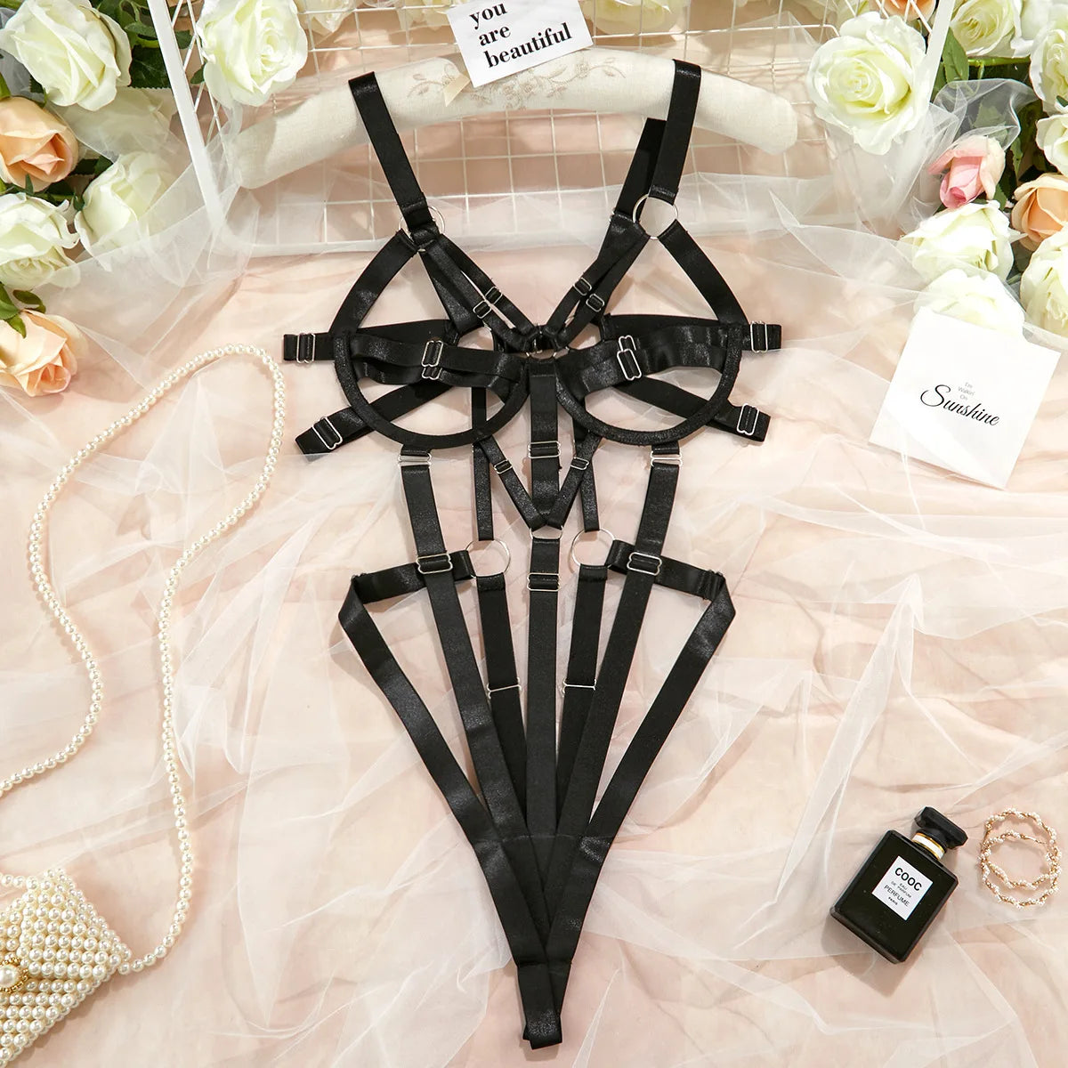 Women's Ribbon Splicing Steel Ring Backless Jumpsuit Underwear Sexy Solid Patchwork Steel Ring Bodysuit Perspective Intimates