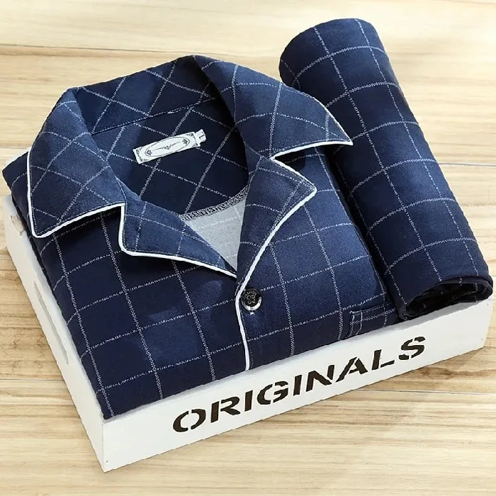 Casual Pure Cotton Men's Sleepwear Long Sleeve Long Pants Two-Piece Set Plaid Striped Simple Wearable Home Clothes
