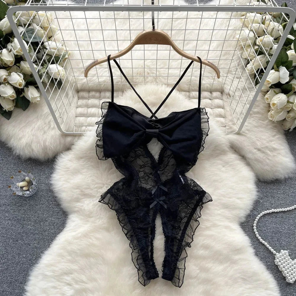 Female Sleevless Halter Playsuits Lace Sheer Open Crotch Lingerie Rompers Women Erotic Hollow Out Sexy Bodysuits Bow Jumpsuit