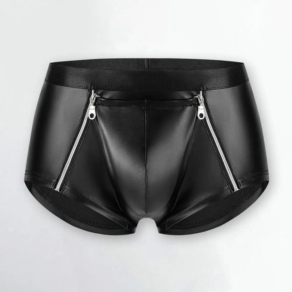 Men Sexy Shorts Briefs Double Zipper Underwear Matte Faux Leather Hot Shorts Bulge Pouch Shorts Panties Slim Fit Men Briefs