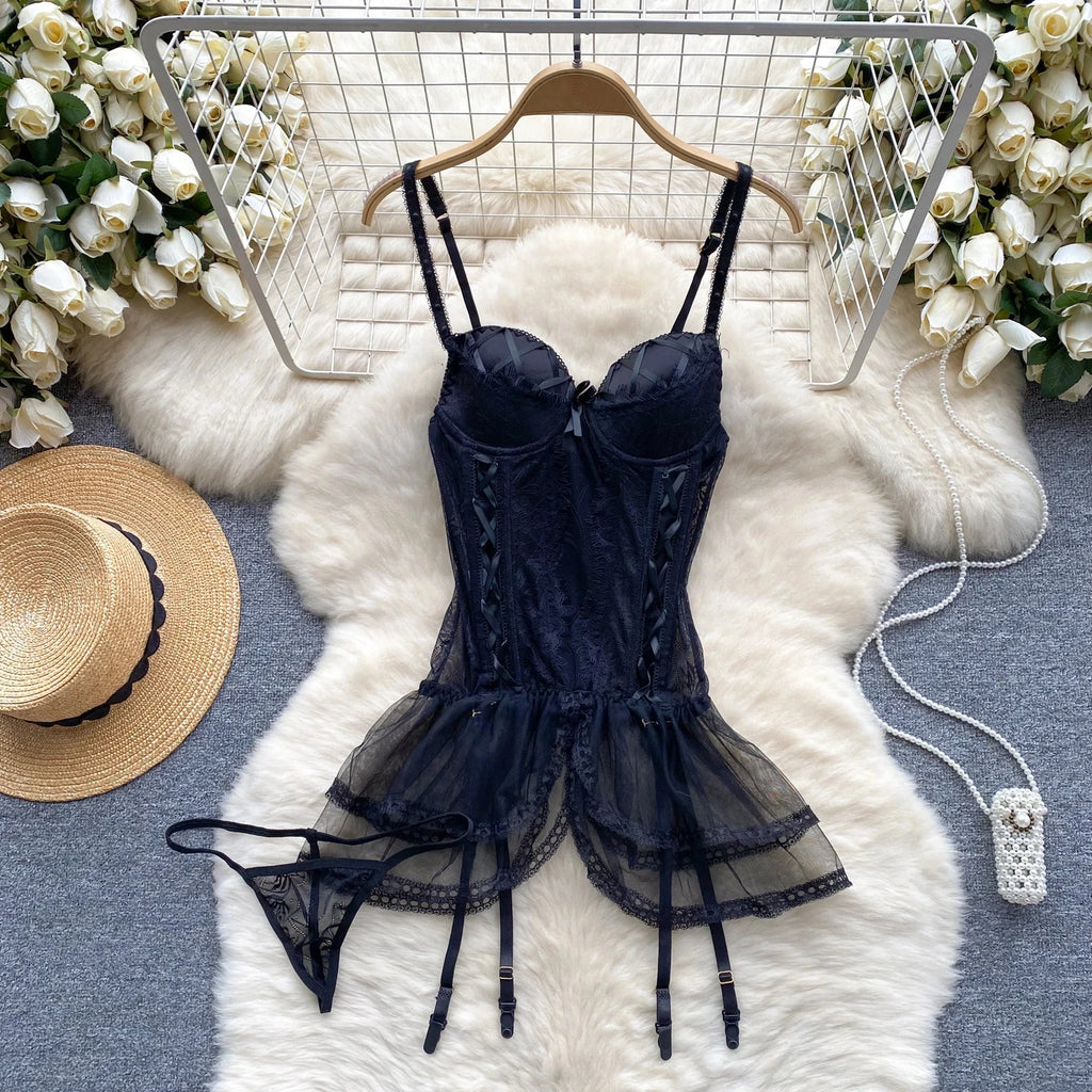 Female Sleevless Halter Playsuits Lace Sheer Open Crotch Lingerie Rompers Women Erotic Hollow Out Sexy Bodysuits Bow Jumpsuit