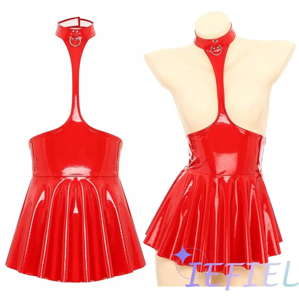 Women Mini Dress Female Sexy Lingerie Backless Open Chest Halter Ruffled Latex Skirt Pole Dance Party Nightclub Costume XXXXL
