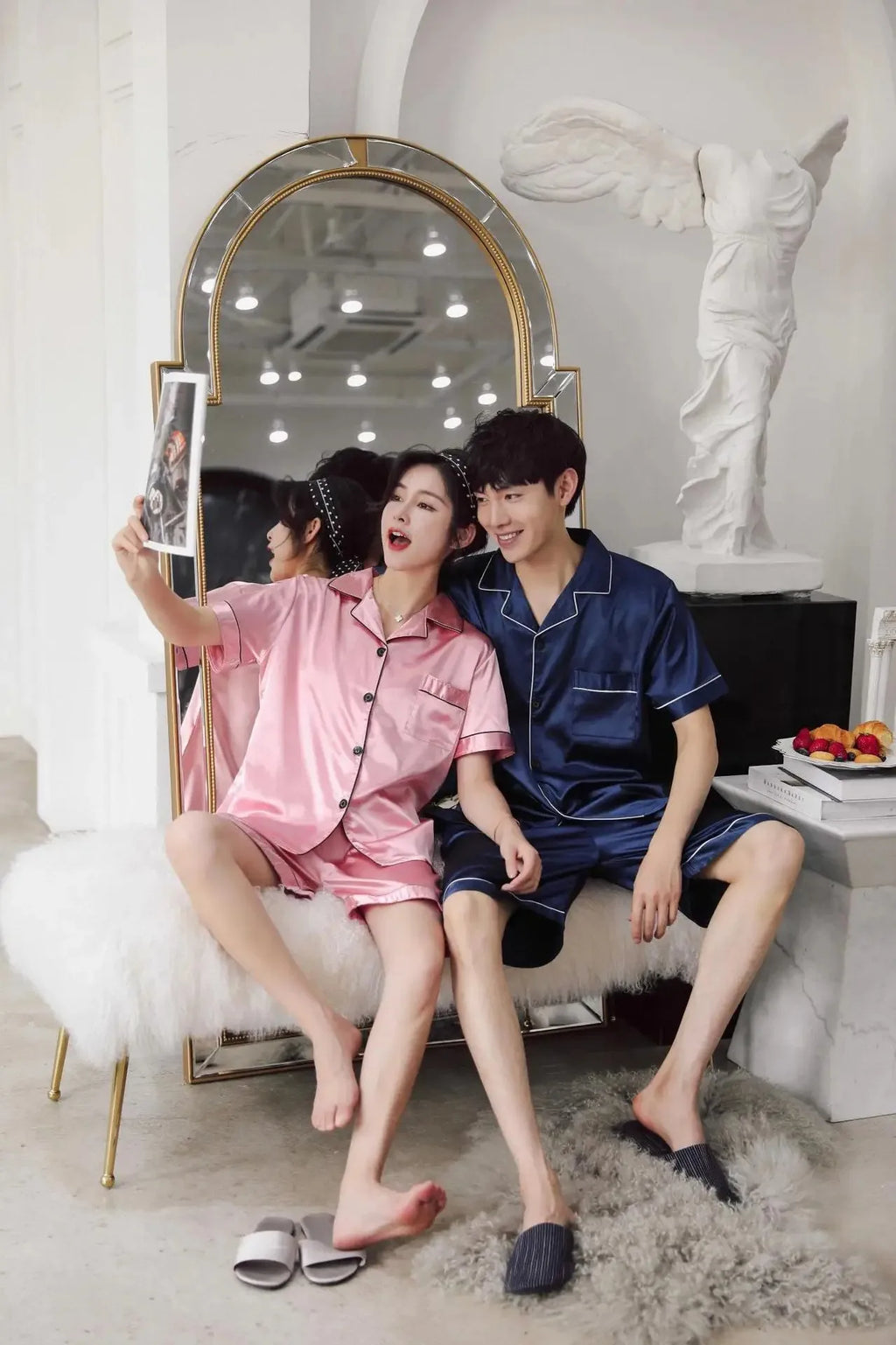 Solid Color Sleepwear Silk Satin Pajamas Couple Set Short-sleeved Pyjamas Suit Pijama Women Men Loungewear Plus Size Pj Set