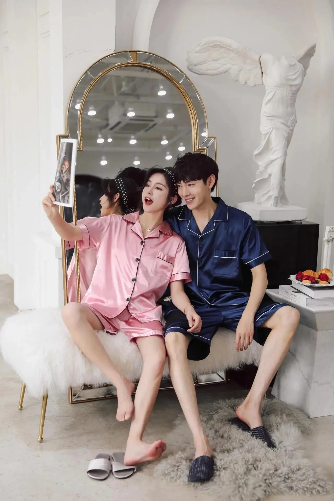 Solid Color Sleepwear Silk Satin Pajamas Couple Set Short-sleeved Pyjamas Suit Pijama Women Men Loungewear Plus Size Pj Set