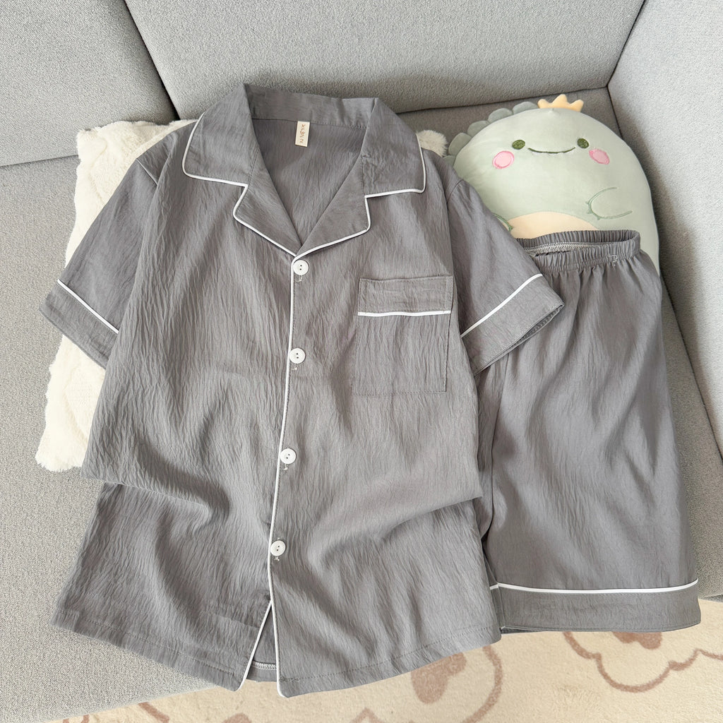 Youth Men's Slim Fit New Pajama Set Solid Color Short Sleeve Lapel Top and Elastic Shorts Pajamas Summer Loungewear Sleepwear
