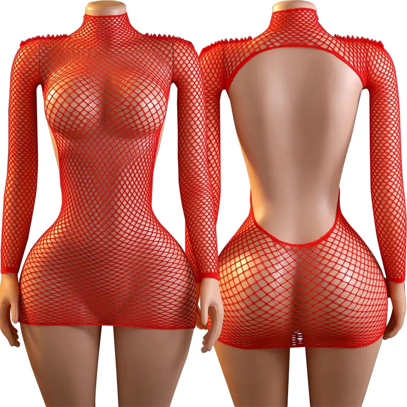 Red Erotic Wrap Hips Lingerie Women Fishnet Hollow Bra Set Sexy Open Back Teddy Body Suits Turtleneck Long Sleeve Underwear Sets