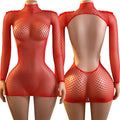 Red Erotic Wrap Hips Lingerie Women Fishnet Hollow Bra Set Sexy Open Back Teddy Body Suits Turtleneck Long Sleeve Underwear Sets