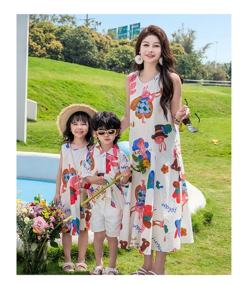 Couple Look Family Matching Outfits Parent-child Clothes Mother Daughter Sleeveless Dress Father Vacation Area Son Beach Shirts