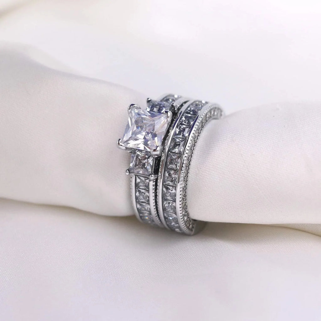 Couple Rings For Women White Rhinestones Zirconia Rings Set Simple CZ Stainless Steel Men Ring Wedding Jewelry For Lover Gifts