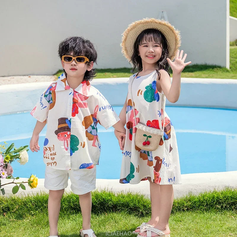 Couple Look Family Matching Outfits Parent-child Clothes Mother Daughter Sleeveless Dress Father Vacation Area Son Beach Shirts