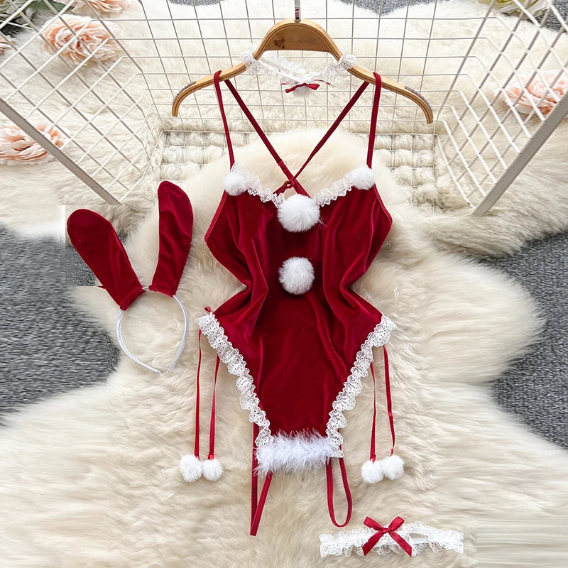 Red Christmas Cosplay Rabbit girl Jumpsuit Sexy Lingerie Belt Women New In Clothing Casual Backless Hollow Out Lace-up Bodysuit