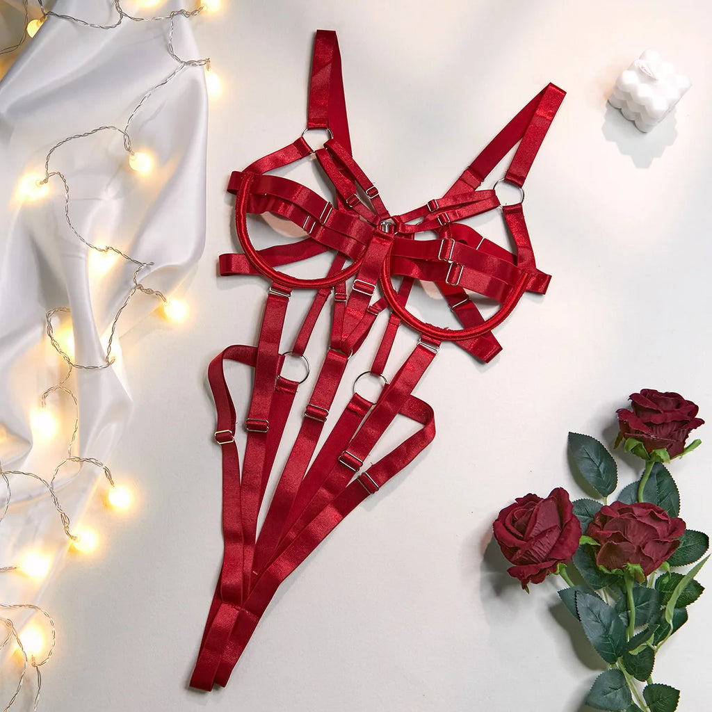 Women's Ribbon Splicing Steel Ring Backless Jumpsuit Underwear Sexy Solid Patchwork Steel Ring Bodysuit Perspective Intimates