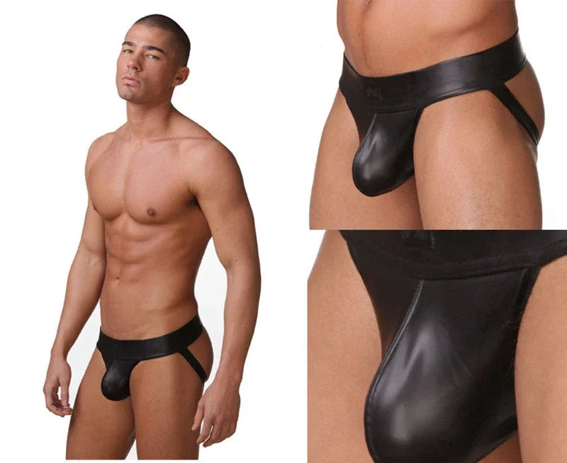 Men's Faux Leather Thong Underwear – Low-Rise G-String & Jockstrap Style | Comfortable Men's Lingerie