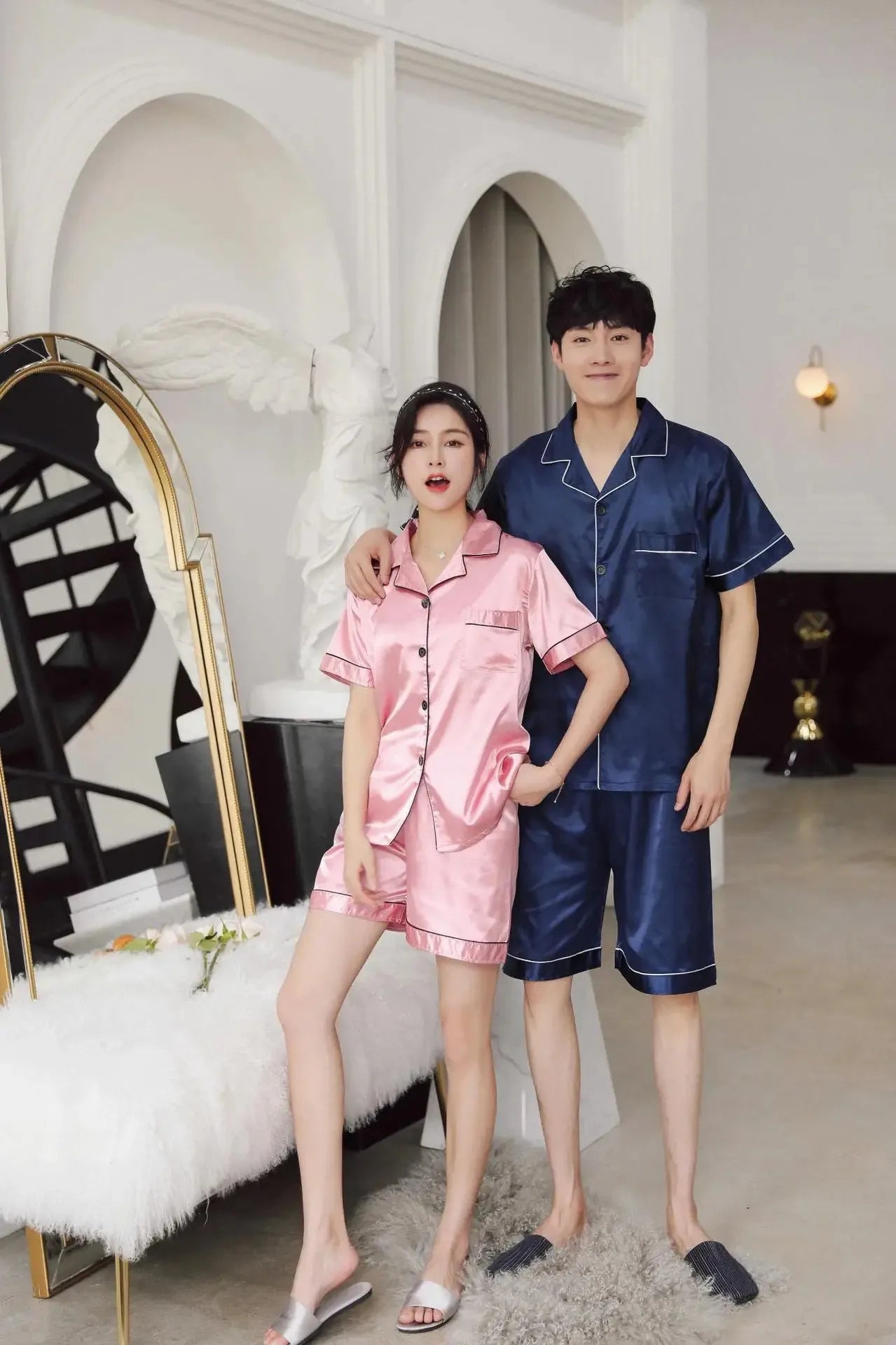Solid Color Sleepwear Silk Satin Pajamas Couple Set Short-sleeved Pyjamas Suit Pijama Women Men Loungewear Plus Size Pj Set