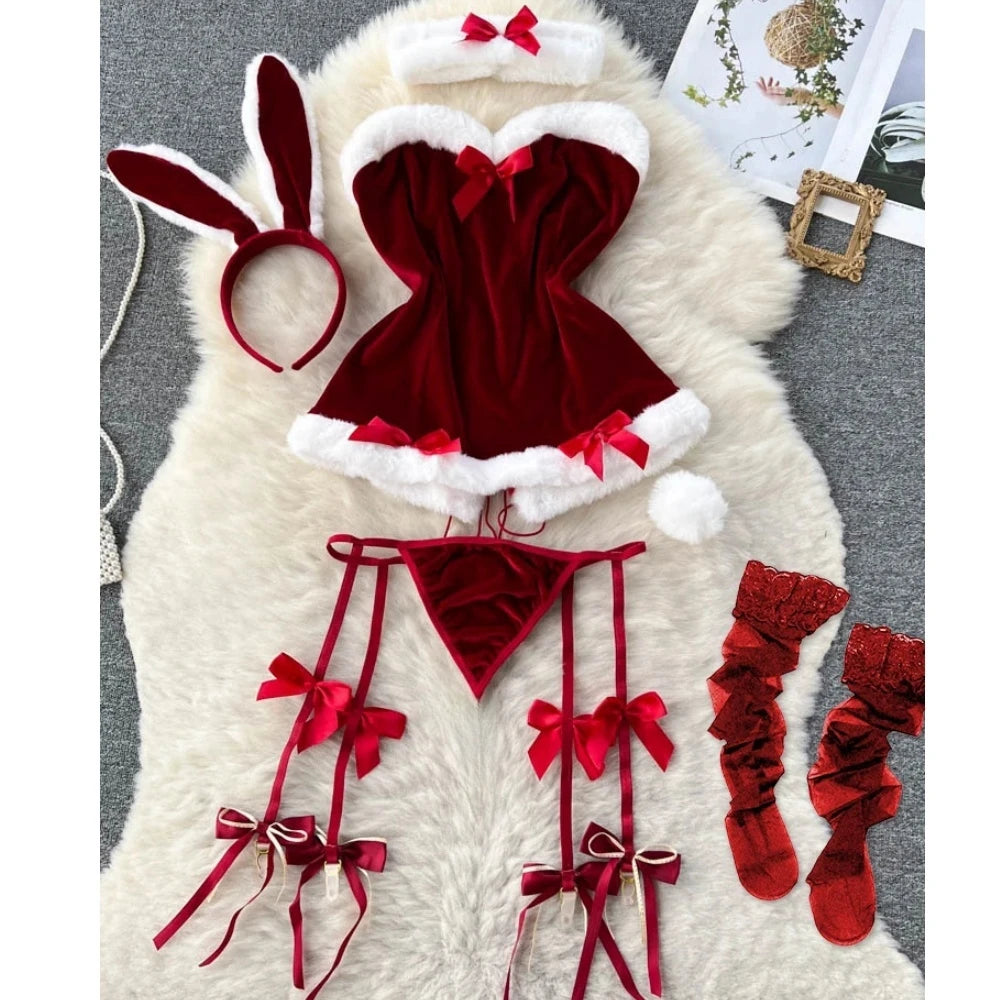 Red Christmas Cosplay Rabbit girl Jumpsuit Sexy Lingerie Belt Women New In Clothing Casual Backless Hollow Out Lace-up Bodysuit