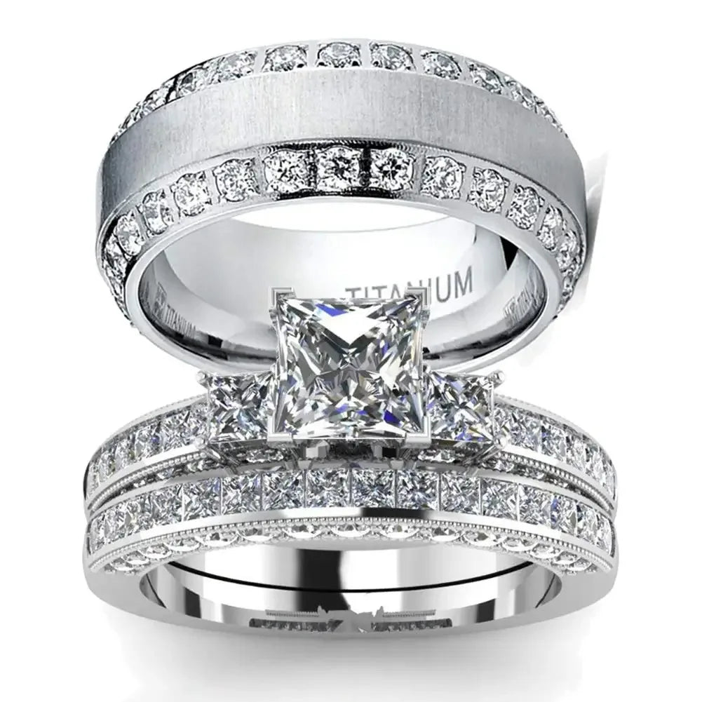 Couple Rings For Women White Rhinestones Zirconia Rings Set Simple CZ Stainless Steel Men Ring Wedding Jewelry For Lover Gifts