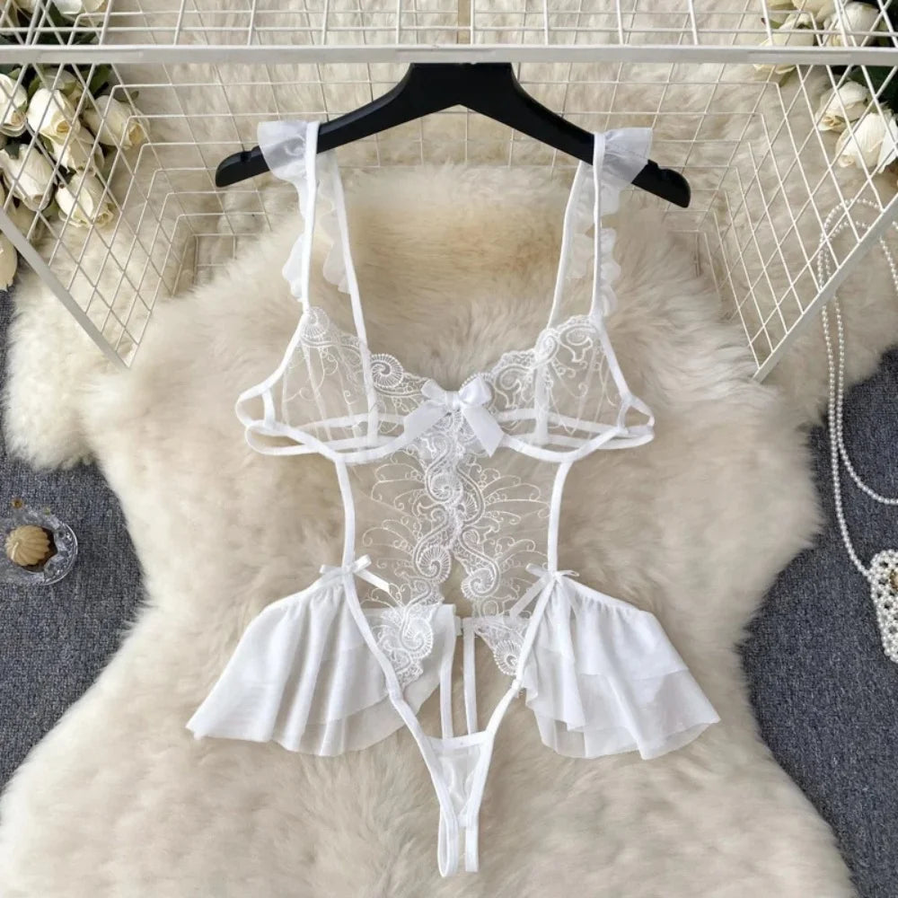 Sexy Lace Strap Jumpsuit Slim Fit Transparent Women's Pajamas Halter Playsuit Erotic Lingerie Catsuit Backless Hollowed Bodysuit