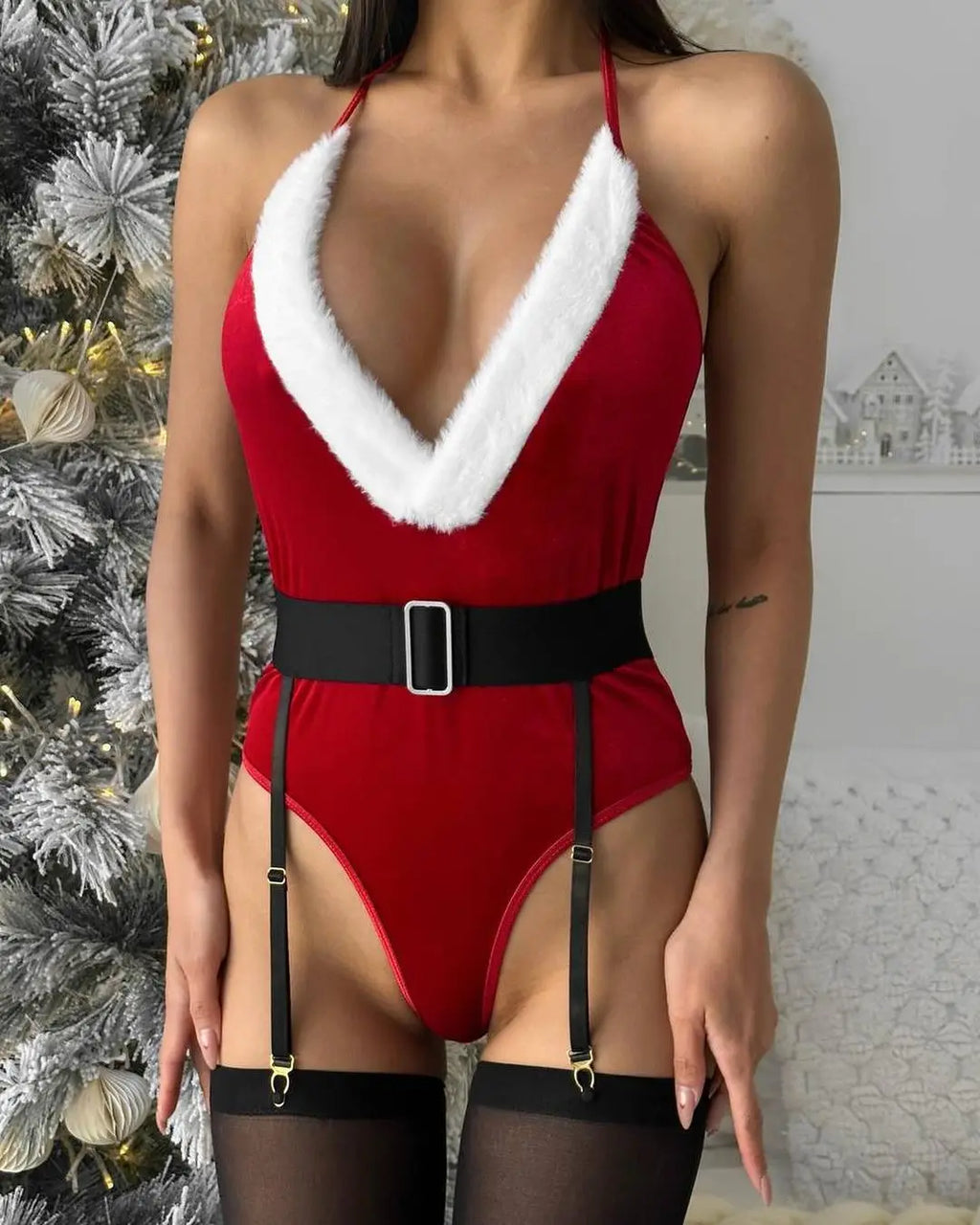 Ellolace Bunny Christmas Lingerie Bodysuit Velvet Red Erotic Costumes Hair Band Deep-V Sweet Girl Festival Set Woman 3 Pieces