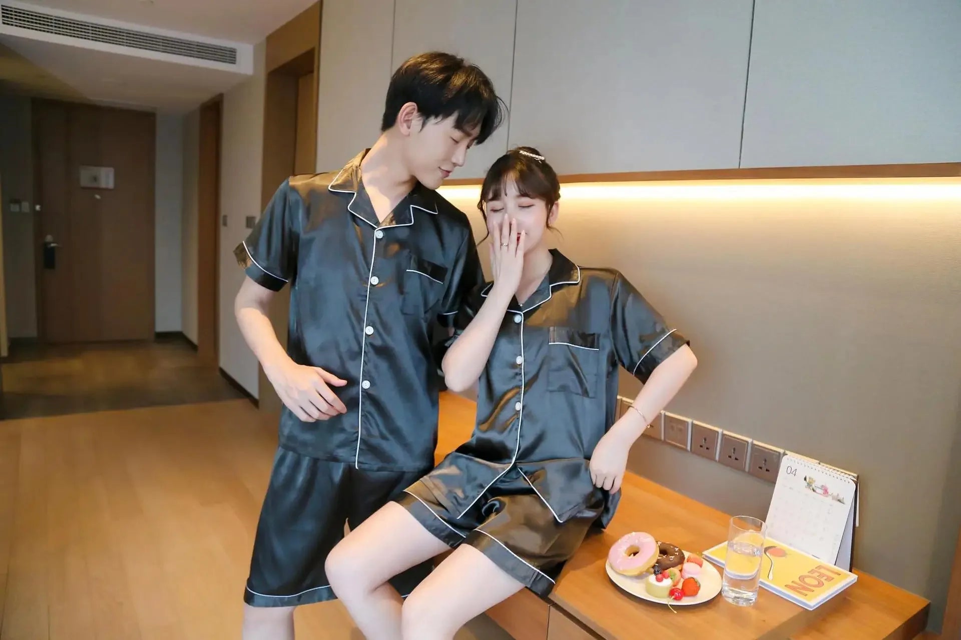 Solid Color Sleepwear Silk Satin Pajamas Couple Set Short-sleeved Pyjamas Suit Pijama Women Men Loungewear Plus Size Pj Set