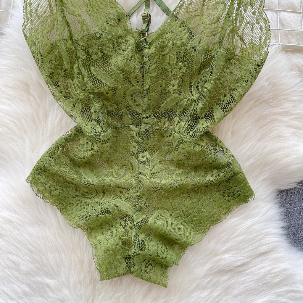 Sexy Lace Strap Jumpsuit Slim Fit Transparent Women's Pajamas Halter Playsuit Erotic Lingerie Catsuit Backless Hollowed Bodysuit