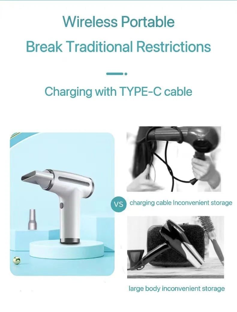 HOMEFISH 4 in 1 Wireless Hair Dryer Portable USB Rechargeable Negative Ions Blow Dryer Electric Air Duster Blower
