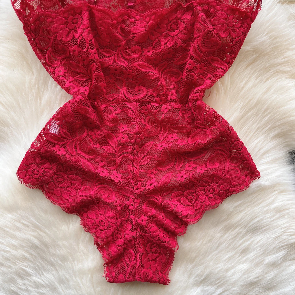Sexy Lace Strap Jumpsuit Slim Fit Transparent Women's Pajamas Halter Playsuit Erotic Lingerie Catsuit Backless Hollowed Bodysuit