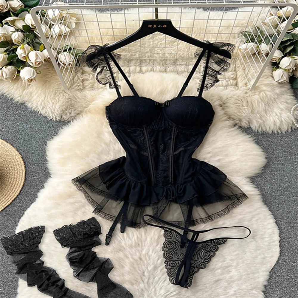 Female Sleevless Halter Playsuits Lace Sheer Open Crotch Lingerie Rompers Women Erotic Hollow Out Sexy Bodysuits Bow Jumpsuit