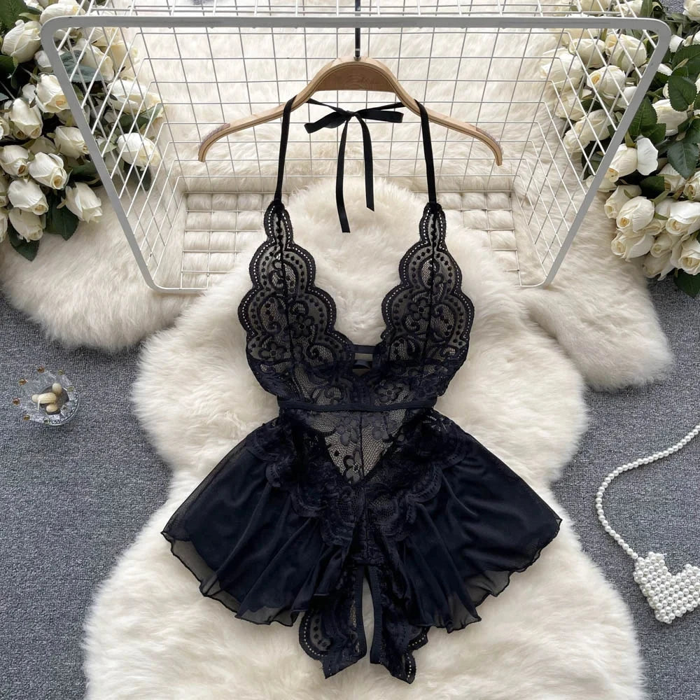 Female Sleevless Halter Playsuits Lace Sheer Open Crotch Lingerie Rompers Women Erotic Hollow Out Sexy Bodysuits Bow Jumpsuit