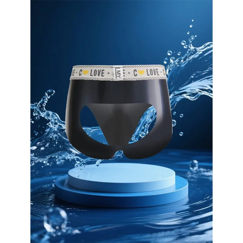 New Latex Buttocks Hollow Briefs Silky Mens Sexy Erotic Underwear Rubber Convex Pouch Panties Oil Shiny Male Lingerie Slip Homme