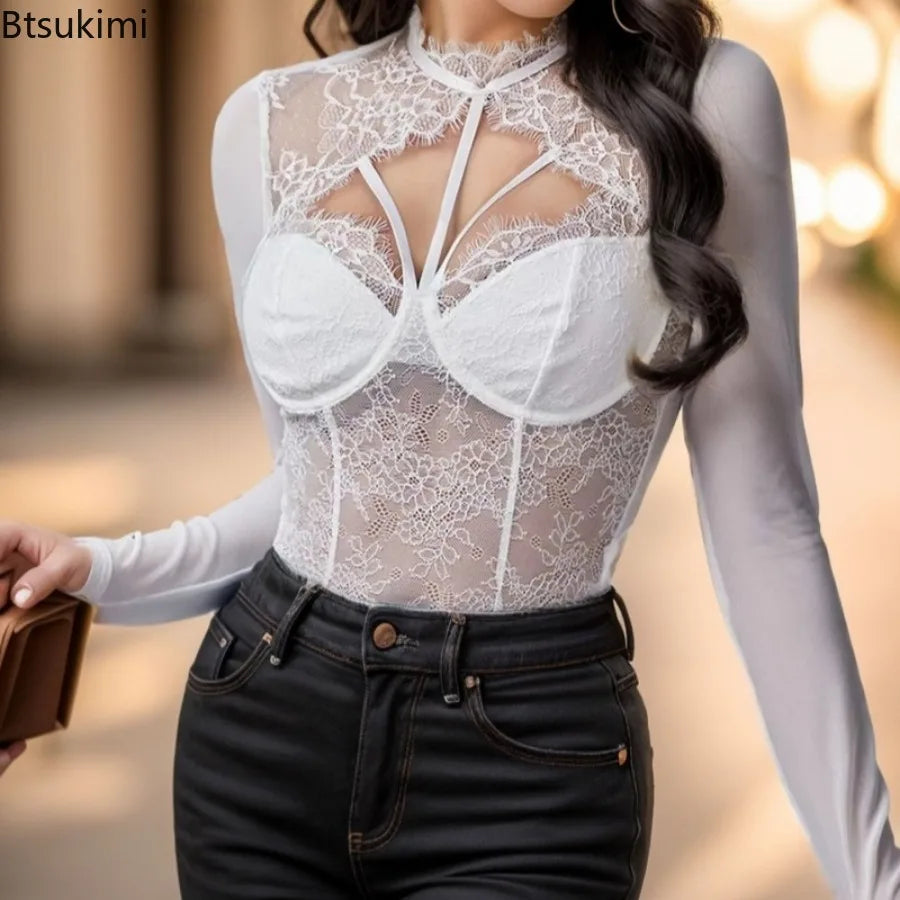 Sexy Lace Corset Shapewear Bodysuit Womens Long Sleesve Bodyshaper Slim O-Neck Jumpsuit Lingerie with Underwire Onesie Nightclub