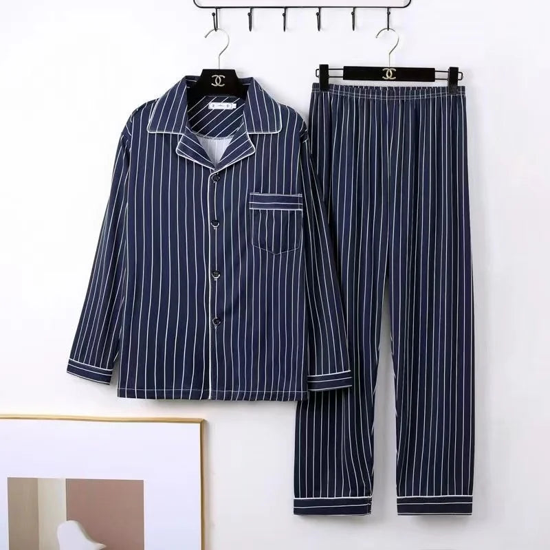 Casual Pure Cotton Men's Sleepwear Long Sleeve Long Pants Two-Piece Set Plaid Striped Simple Wearable Home Clothes