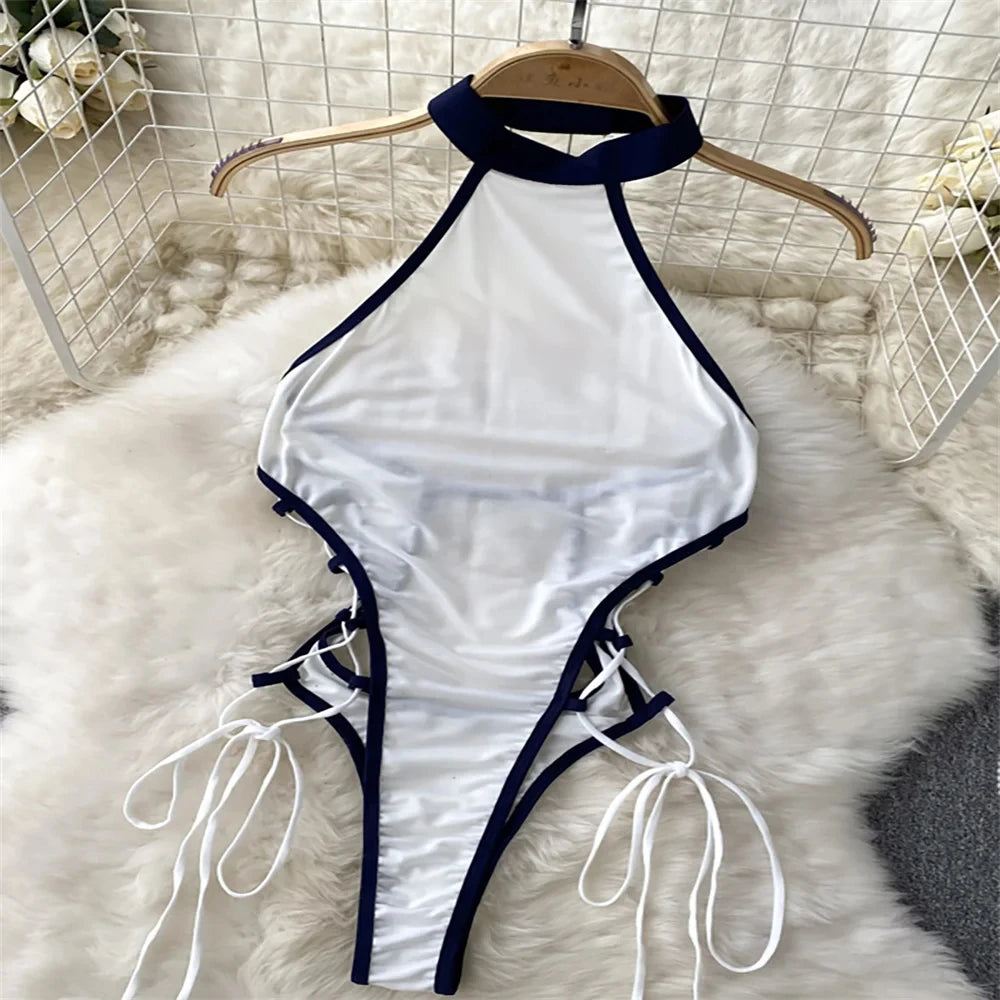 Female Sleevless Halter Playsuits Lace Sheer Open Crotch Lingerie Rompers Women Erotic Hollow Out Sexy Bodysuits Bow Jumpsuit