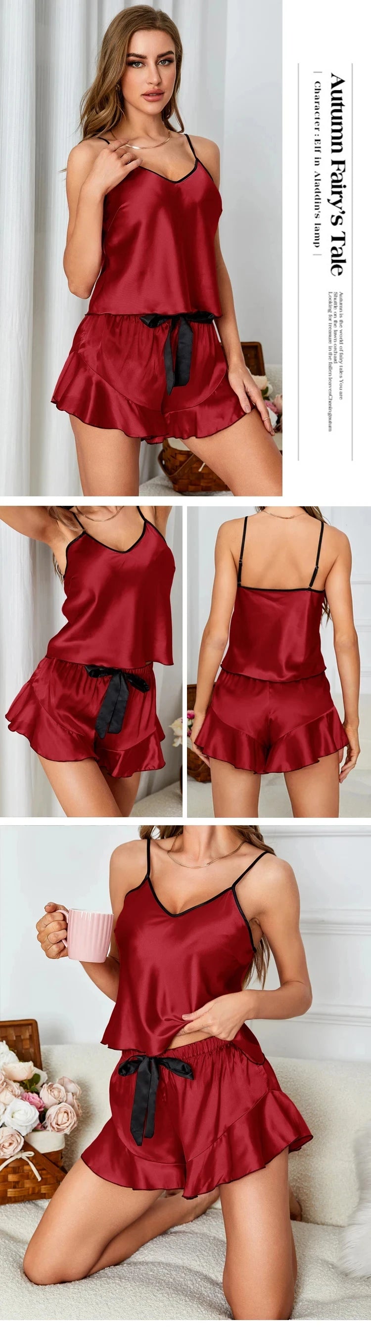 Women's Smooth Satin Pajamas V-Neck T-Shirt Ruffled Edges And Bow Shorts Simple And Breathable Pajama Set Sling Home Clothing