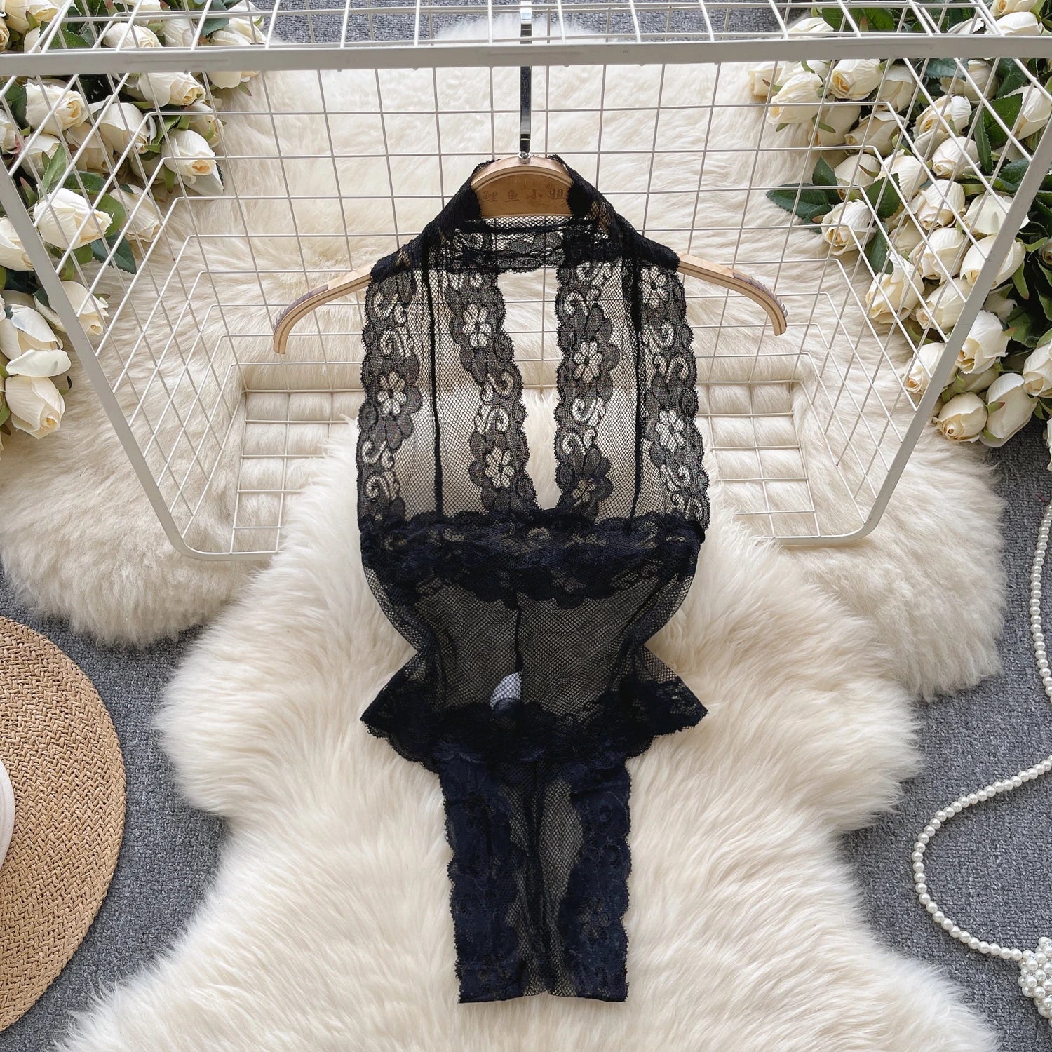 Sexy Lace Strap Jumpsuit Slim Fit Transparent Women's Pajamas Halter Playsuit Erotic Lingerie Catsuit Backless Hollowed Bodysuit
