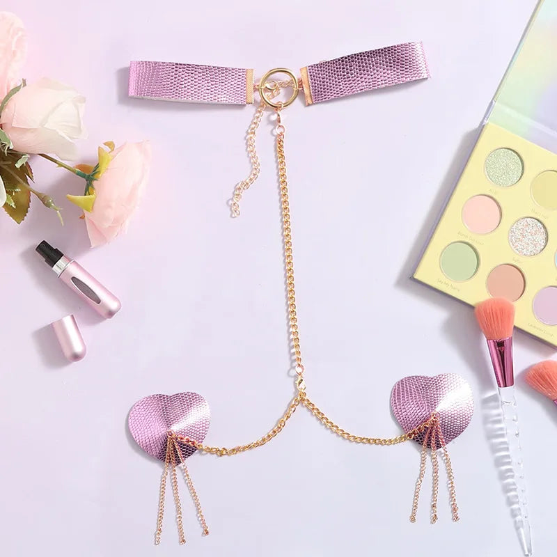 Sexy Metal Chain Linked Nipple Cover With Choker Nipple Pasties Reusable Women Bondage Choker Collar Body Chain Sex Games Toys