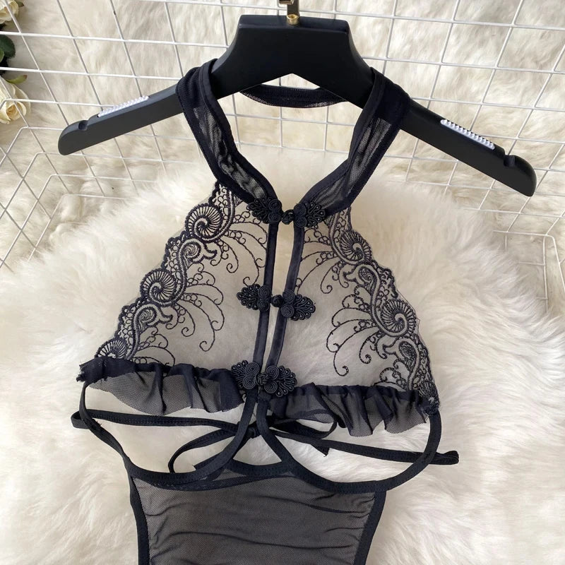 Female Sleevless Halter Playsuits Lace Sheer Open Crotch Lingerie Rompers Women Erotic Hollow Out Sexy Bodysuits Bow Jumpsuit