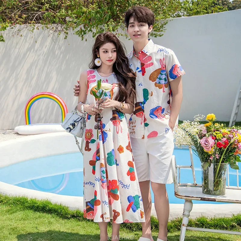 Couple Look Family Matching Outfits Parent-child Clothes Mother Daughter Sleeveless Dress Father Vacation Area Son Beach Shirts