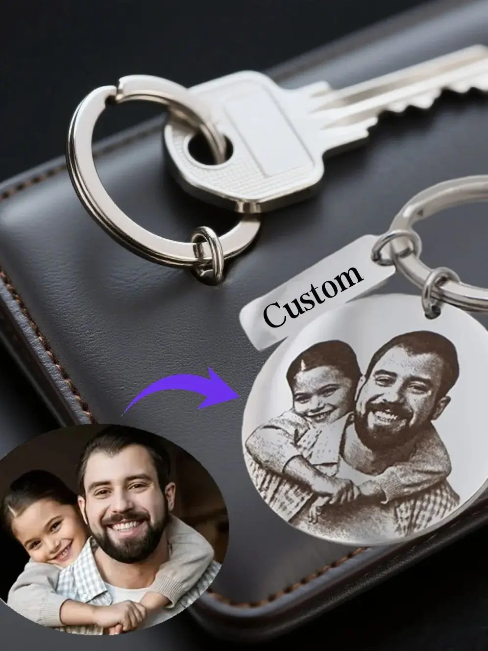 Custom Photo Keychain Engraved Stainless Steel Portrait Key Custom photo KeyRing Round-Shaped Personalized keychain for Family
