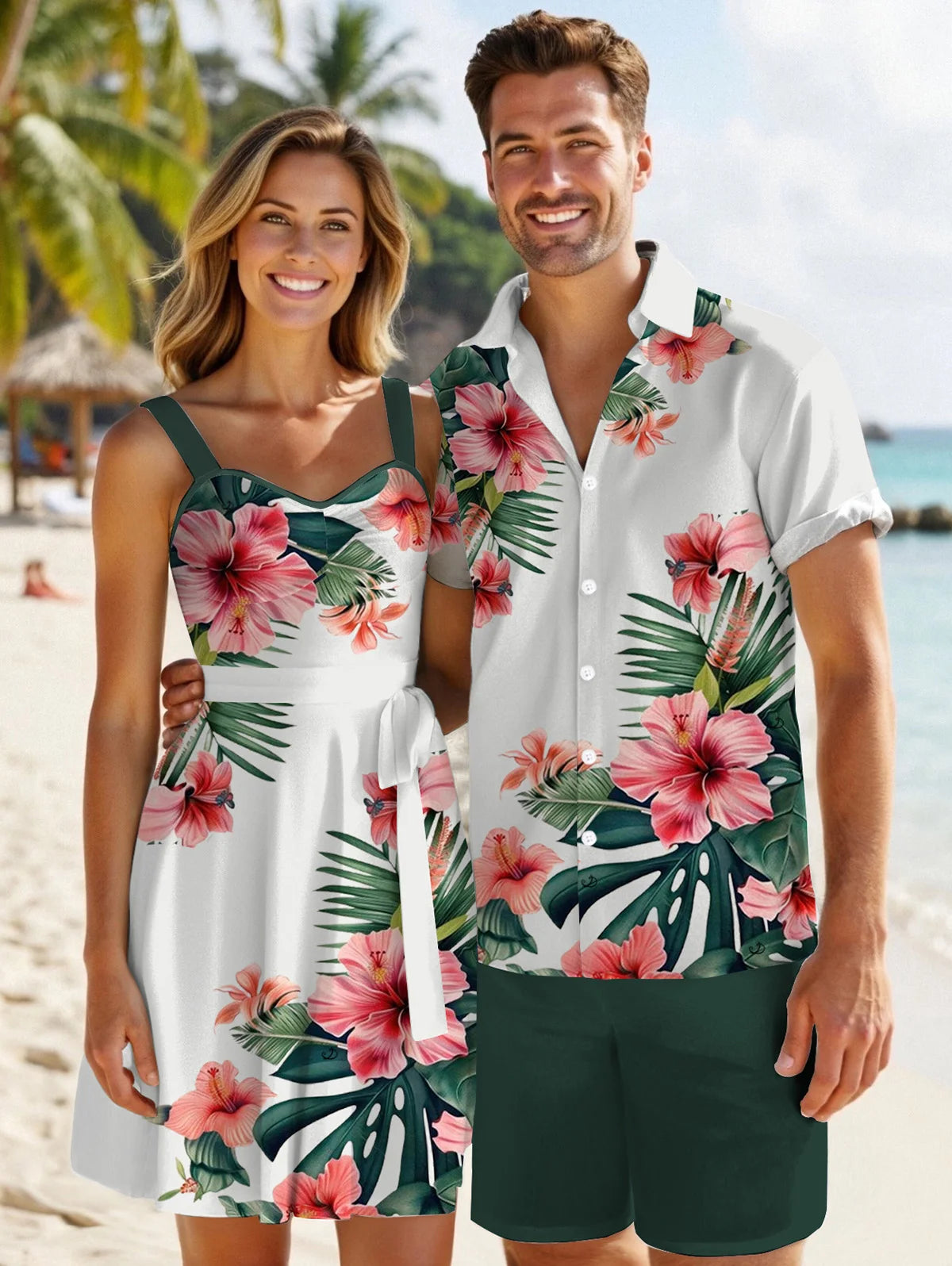 Dressfo Couple Matching set Hawaii Vacation Tropical Flower Print Belted Mini Dress And Short Sleeve Shirt Matching Outfit
