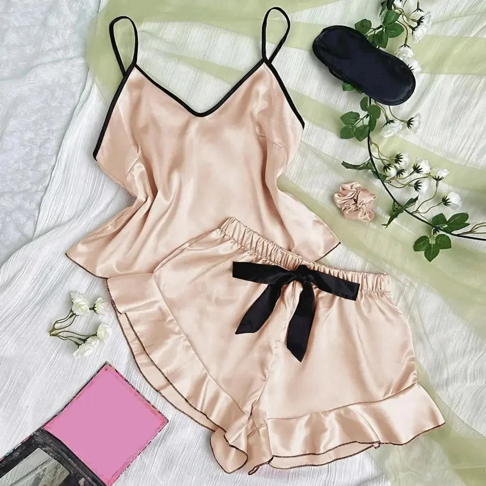 Women's Smooth Satin Pajamas V-Neck T-Shirt Ruffled Edges And Bow Shorts Simple And Breathable Pajama Set Sling Home Clothing