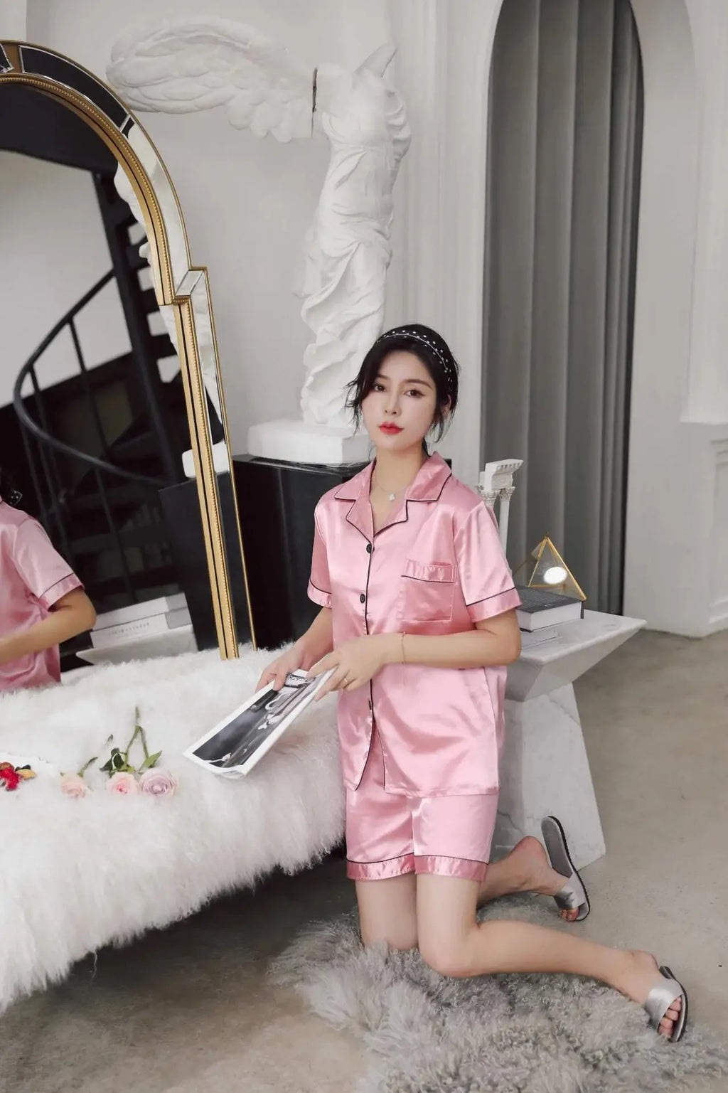 Solid Color Sleepwear Silk Satin Pajamas Couple Set Short-sleeved Pyjamas Suit Pijama Women Men Loungewear Plus Size Pj Set