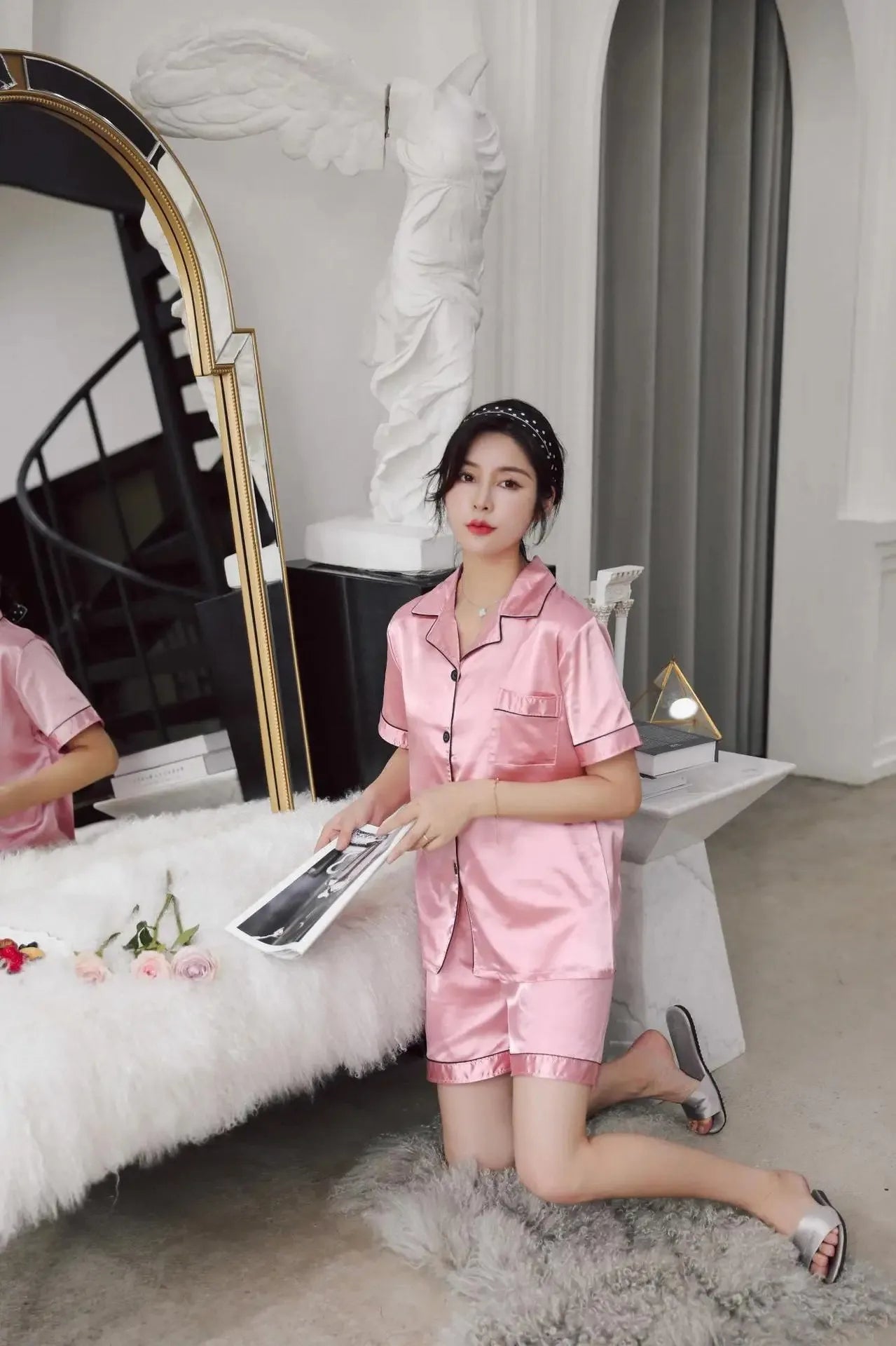 Solid Color Sleepwear Silk Satin Pajamas Couple Set Short-sleeved Pyjamas Suit Pijama Women Men Loungewear Plus Size Pj Set