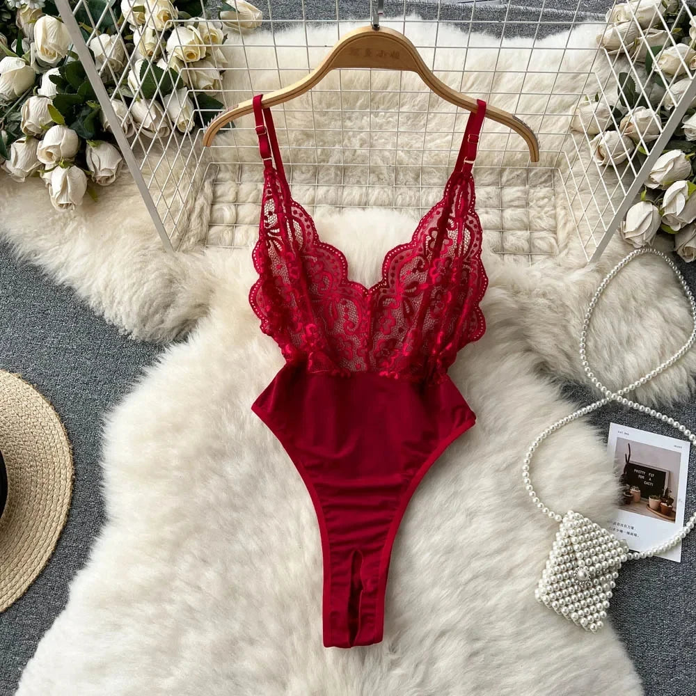 Female Sleevless Halter Playsuits Lace Sheer Open Crotch Lingerie Rompers Women Erotic Hollow Out Sexy Bodysuits Bow Jumpsuit