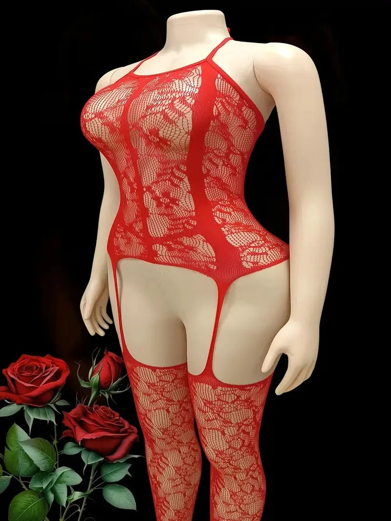 Sexy Crotchless Lingerie Fishnet Bodystocking – Floral Mesh Hollow Body Suit for Women