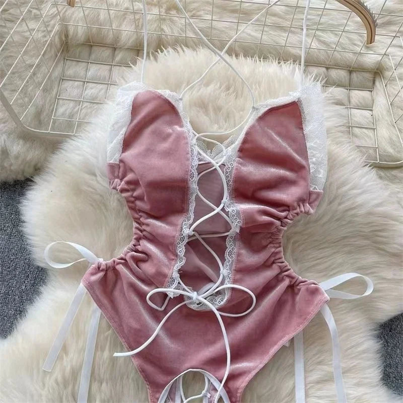 Sexy Cute Sweet Lace Backless Jumpsuit Women Slim Fit Bodysuit Girl Strap Bow knot Cosplay Hot Sweet Bow Ribbon Lingerie Dress