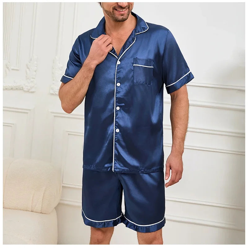 Solid Color Sleepwear Silk Satin Pajamas Couple Set Short-sleeved Pyjamas Suit Pijama Women Men Loungewear Plus Size Pj Set
