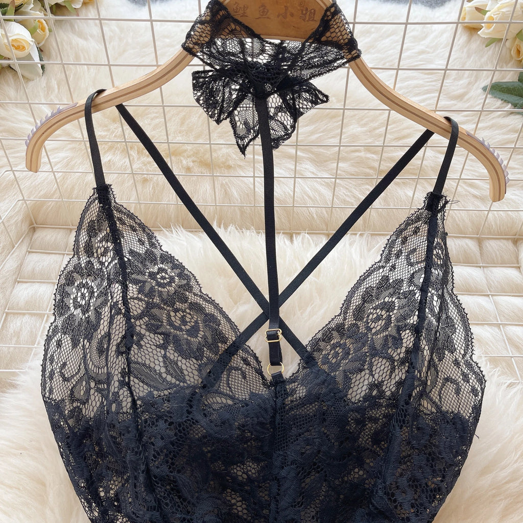 Sexy Lace Strap Jumpsuit Slim Fit Transparent Women's Pajamas Halter Playsuit Erotic Lingerie Catsuit Backless Hollowed Bodysuit