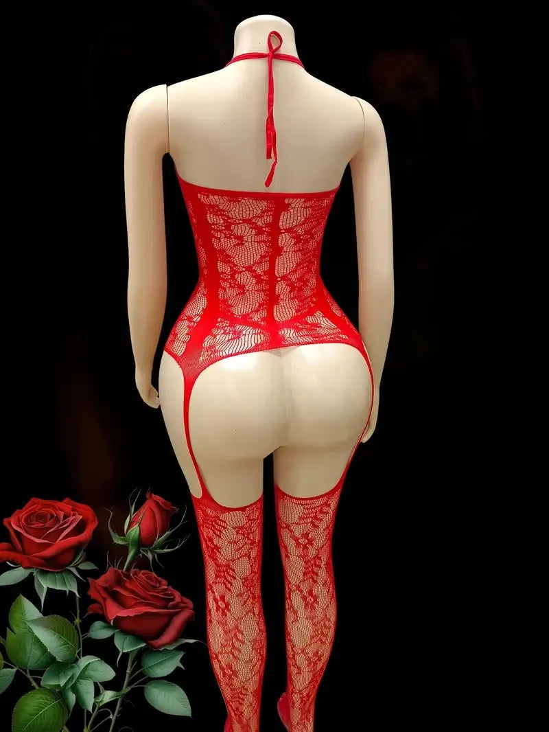 Sexy Crotchless Lingerie Fishnet Bodystocking – Floral Mesh Hollow Body Suit for Women
