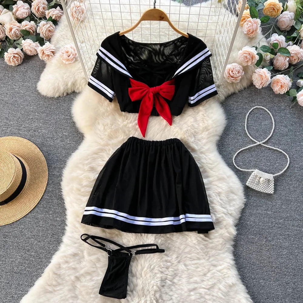 Japan Hotsweet Women's Sleepwear Set Strapless Cut Petal Sleeve Crop Top With Lace Up Pleat Mini Skirt Sexy Erotic Lingerie Set