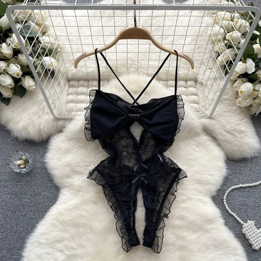 Female Sleevless Halter Playsuits Lace Sheer Open Crotch Lingerie Rompers Women Erotic Hollow Out Sexy Bodysuits Bow Jumpsuit